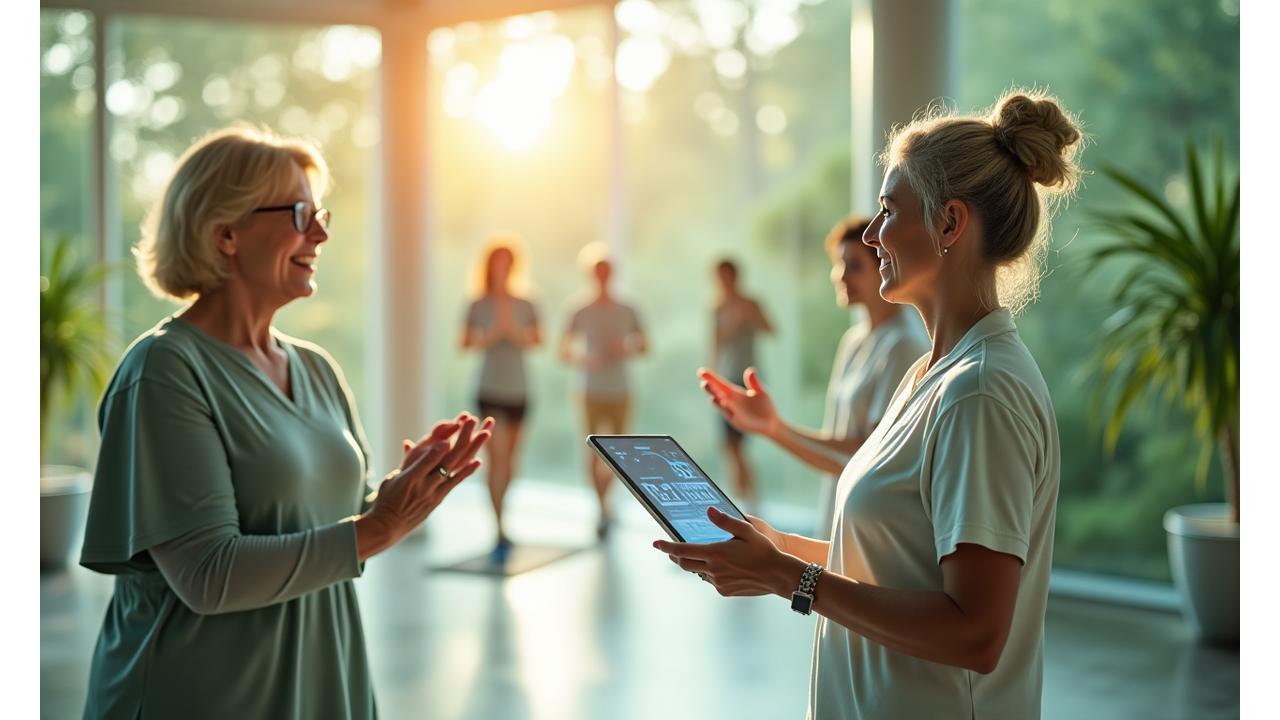 Μια φωτεινή εικόνα που συμβολίζει την ολιστική υγεία και ευεξία, με ανθρώπους να αλληλεπιδρούν αρμονικά με την τεχνολογία σε ένα ήρεμο, πράσινο περιβάλλον.