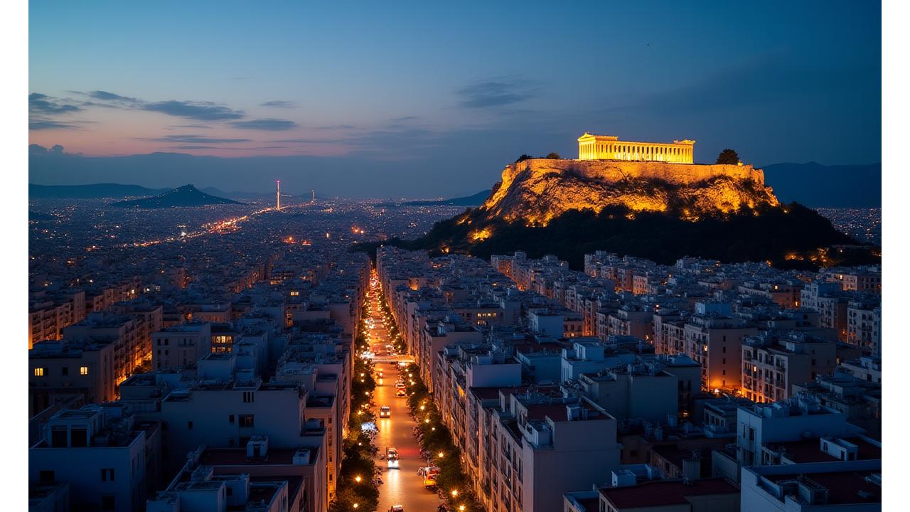 Πανοραμική θέα του αθηναϊκού ουρανού με τον Παρθενώνα στο βάθος και σύγχρονα κτίρια στην πρώτη γραμμή, συμβολίζοντας την αρμονία αρχαίου και σύγχρονου.