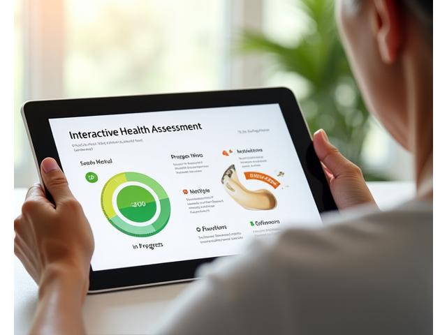 Διαδραστική προεπισκόπηση της διαδικασίας αξιολόγησης υγείας σε μια οθόνη tablet, που δείχνει την πρόοδο και τις κατηγορίες.