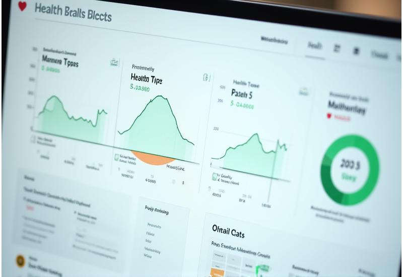 Διαδραστικό mockup ενός ψηφιακού πίνακα ελέγχου υγείας με γραφήματα, μετρήσεις καρδιακού ρυθμού και στόχους προόδου.
