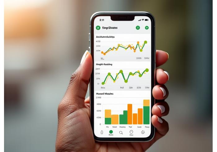 Διαδραστικά γραφήματα προόδου υγείας με επιλογείς χρονικής περιόδου και απεικονίσεις δεδομένων σε ένα smartphone.