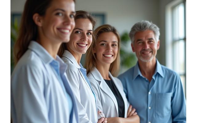 Ομάδα χαμογελαστών, επαγγελματιών ειδικών διατροφής και γενετικής, εκπροσωπώντας την Πρίσμα Υγείας, σε ένα σύγχρονο γραφείο φωτισμένο με φυσικό φως.