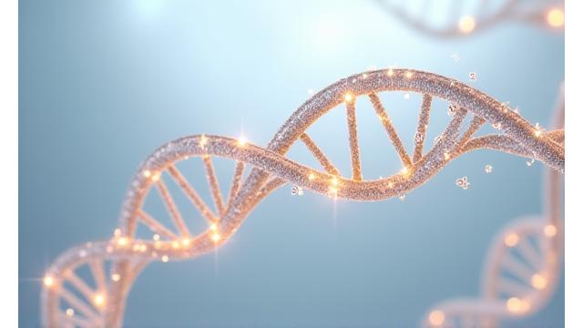 Αφηρημένη αναπαράσταση διπλής έλικας DNA με λαμπερά στοιχεία και διατροφικά σύμβολα να ενσωματώνονται, σε ένα καθαρό, τεχνολογικό φόντο.