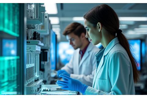 Σύγχρονο εργαστήριο με επιστήμονες να εργάζονται σε προηγμένο εξοπλισμό ανάλυσης DNA, με έμφαση στην ακρίβεια και την ασφάλεια των δεδομένων.