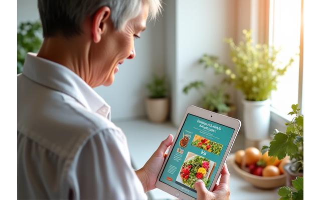 Μια γυναίκα ηλικίας 40-50 ετών χαμογελά ενώ χρησιμοποιεί ένα tablet για να δει ένα εξατομικευμένο διατροφικό πλάνο με υγιεινά γεύματα, εμπνευσμένο από το DNA της, σε μια φωτεινή, σύγχρονη κουζίνα.