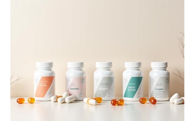 Πολύχρωμα μπουκάλια συμπληρωμάτων διατροφής με ετικέτες που φέρουν γενετικά σύμβολα, σε ένα καθαρό, μινιμαλιστικό φόντο, υποδηλώνοντας εξατομίκευση.