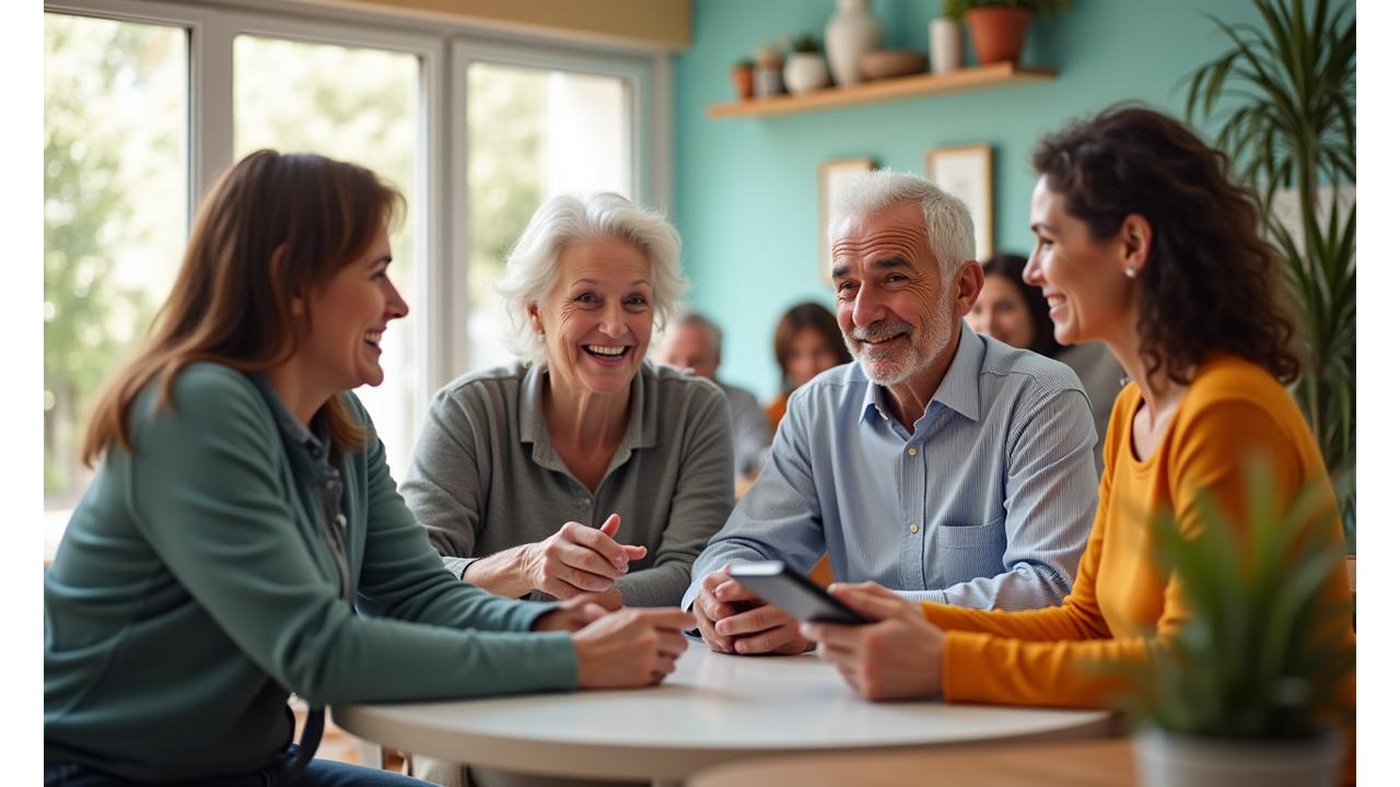 Μια ζωντανή κοινότητα ενηλίκων που συζητούν για την υγεία και την ευεξία, με χαμόγελα και αλληλεπίδραση σε ένα φωτεινό, μοντέρνο περιβάλλον.
