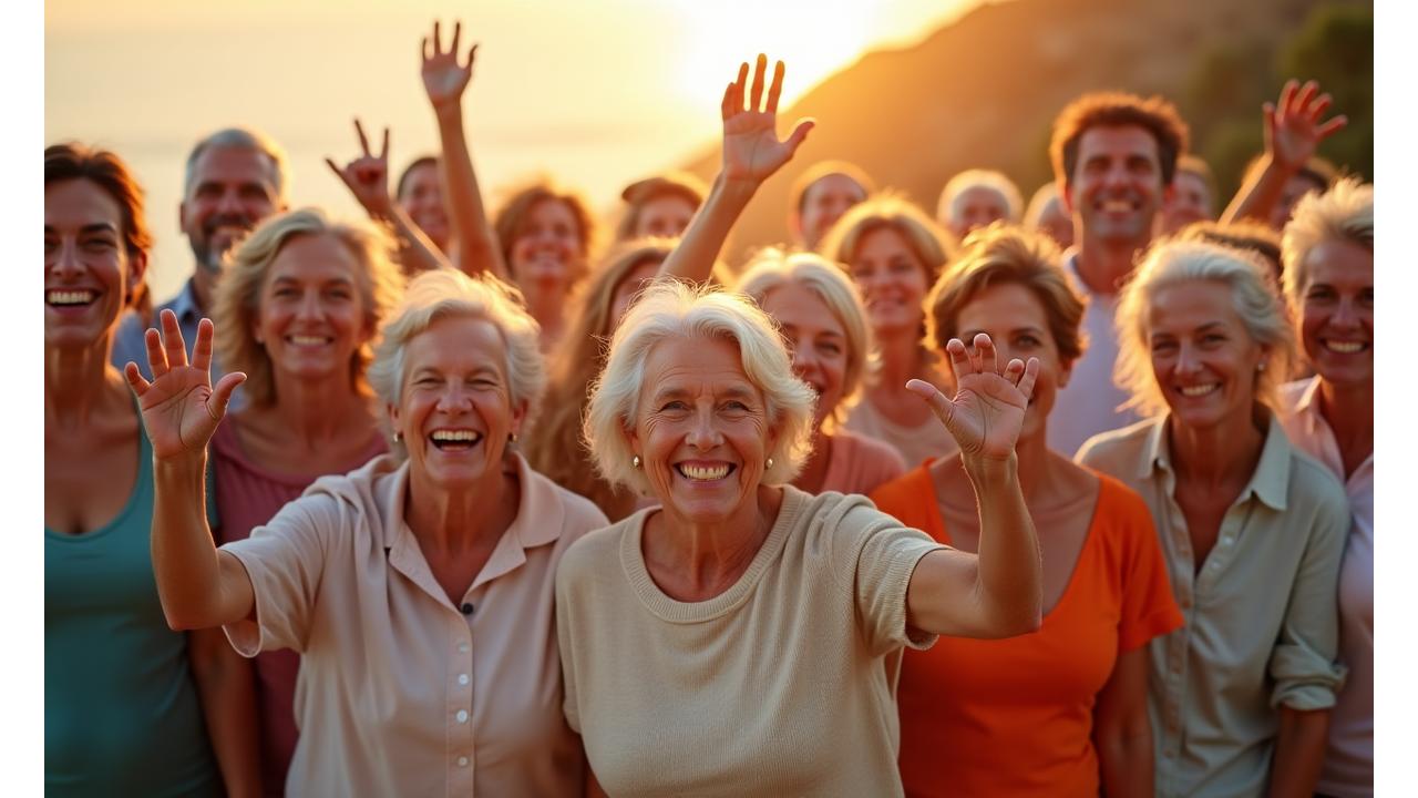 Μια ποικίλη ομάδα ενηλίκων από την Ελλάδα, χαμογελαστοί και γεμάτοι ενέργεια, σηκώνουν υψωμένοι τα χέρια τους, υποδηλώνοντας χαρά και κοινότητα.