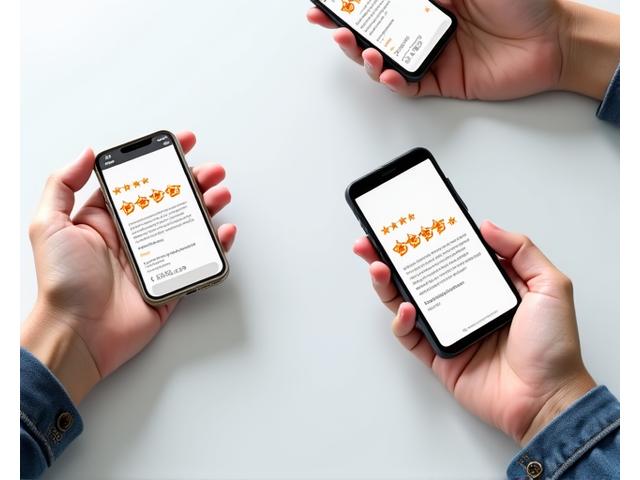 Τρία χέρια ενηλίκων που κρατούν smartphones με οθόνες που εμφανίζουν βαθμολογίες αστεριών και κείμενο κριτικών για προϊόντα και υπηρεσίες υγείας.