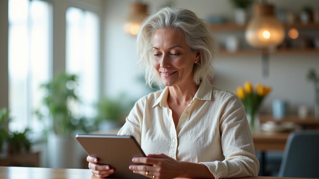 Γυναίκα διαβάζει άρθρο υγείας σε tablet σε ένα φωτεινό, μοντέρνο περιβάλλον