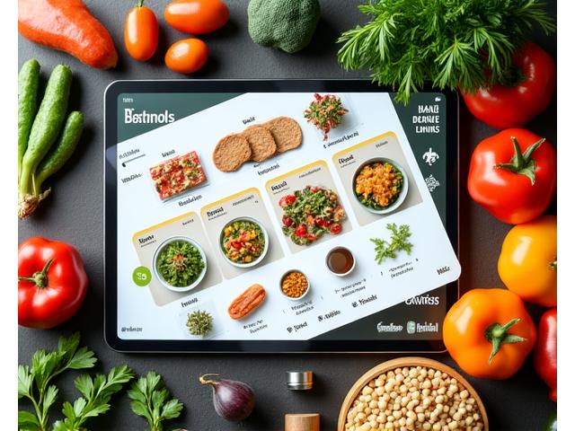 Διαδραστικός σχεδιαστής γευμάτων με επιλογές προσαρμογής, που δείχνει ποικιλία υγιεινών τροφών