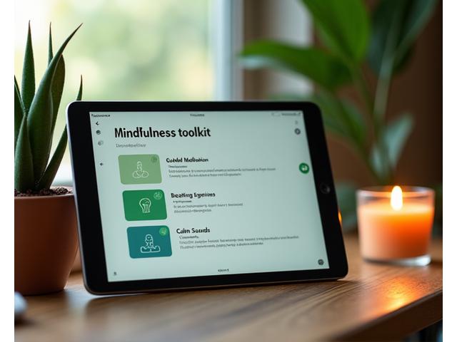 Διεπαφή εργαλείων διαχείρισης άγχους με επιλογές για διαλογισμό, τεχνικές αναπνοής και χαλάρωση