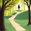 Άτομο περπατάει σε ένα μονοπάτι σε δάσος, με ήρεμη στάση, υποδηλώνοντας διαλογισμό εν κινήσει.