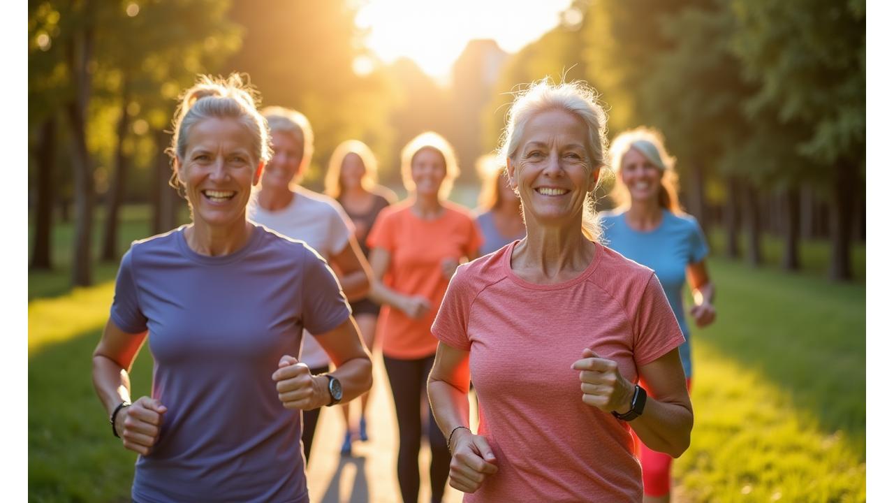 Μια ζωντανή ομάδα ενηλίκων όλων των ηλικιών συμμετέχει σε μία υπαίθρια δραστηριότητα, όπως ένας περίπατος ευεξίας, σε ένα ηλιόλουστο πάρκο, γεμάτοι ενέργεια και χαμόγελα.