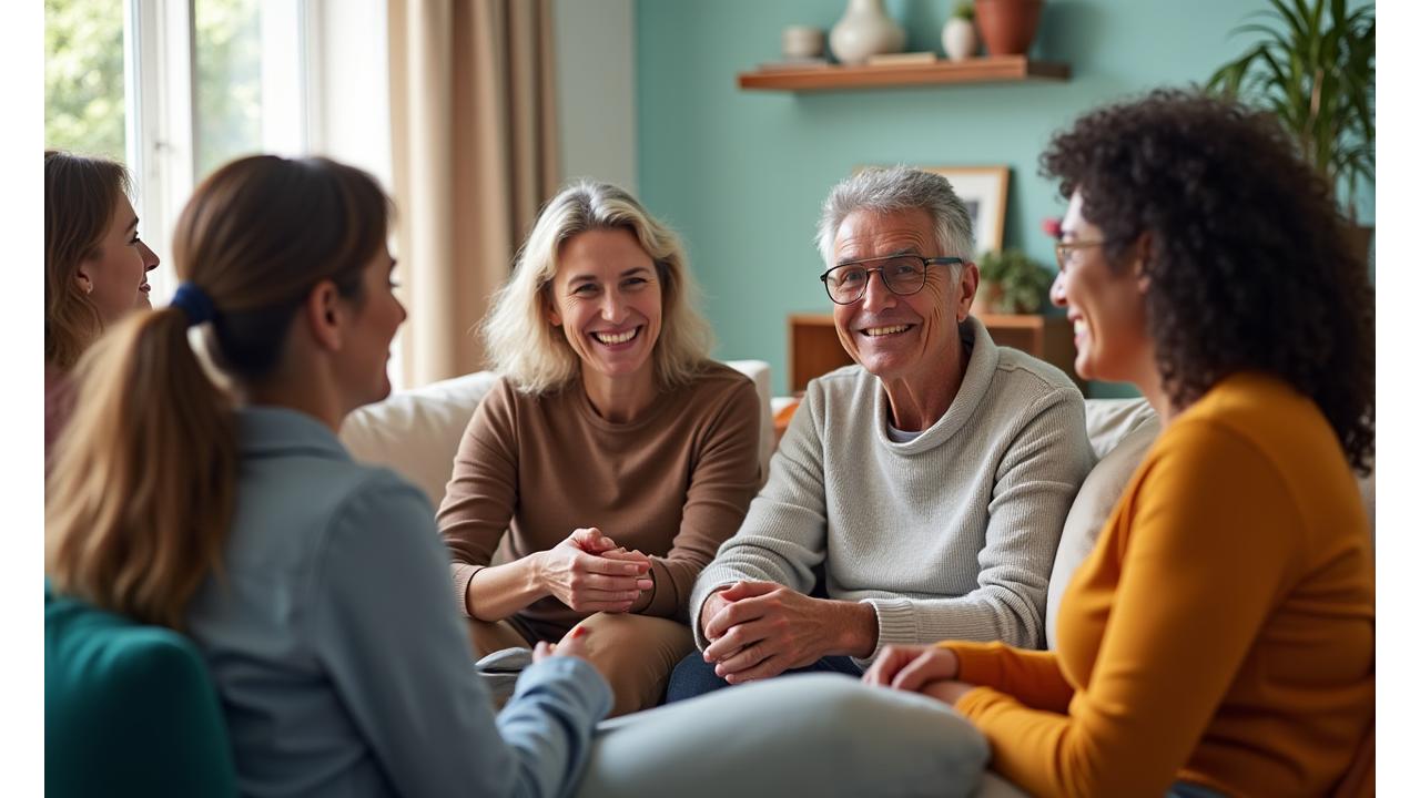 Μια ζεστή, πολυπολιτισμική ομάδα ενηλίκων όλων των ηλικιών που συναντιούνται σε έναν φωτεινό χώρο, χαμογελαστοί και σε διάλογο, συμβολίζοντας την υποστήριξη και την σύνδεση