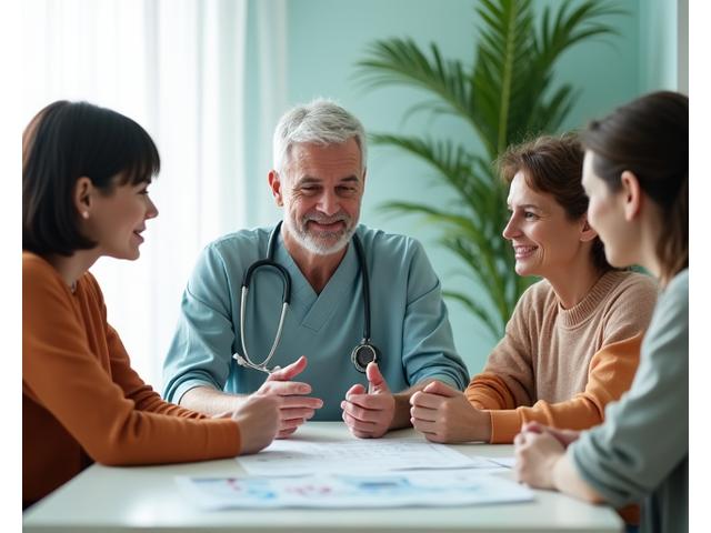 Μια μικρή ομάδα ενηλίκων σε συζήτηση με έναν ευγενικό επαγγελματία υγείας σε ένα άνετο περιβάλλον, εστιάζοντας σε ένα χάρτη ή διάγραμμα.