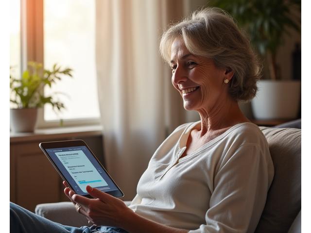 Μια ενήλικας γυναίκα με χαμόγελο, κρατά ένα tablet και απαντάει σε ένα φιλικό, διαδραστικό κουίζ. Το φόντο είναι φωτεινό και φιλόξενο, υποδηλώνοντας μια εξατομικευμένη εμπειρία.