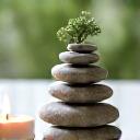 Στοίβα από επίπεδες πέτρες ζεν, ένα μικρό φυτό μπονσάι και ένα κερί αναμμένο, σε ένα ήρεμο περιβάλλον με απαλό φως, που συμβολίζει την ανακούφιση από το άγχος.