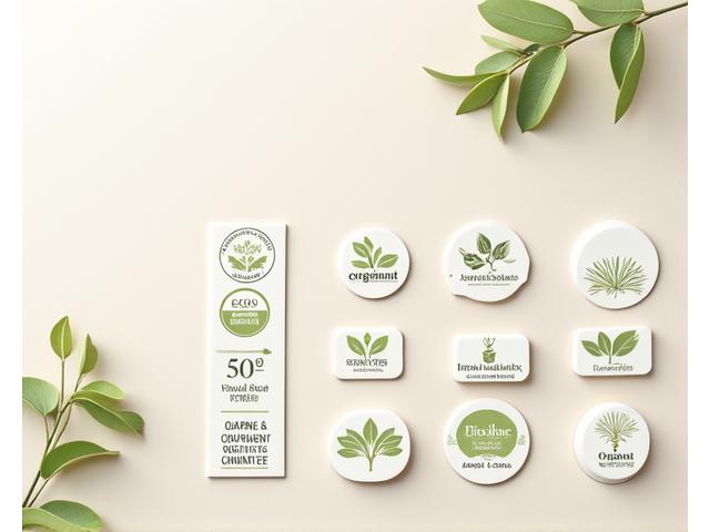 Μια συλλογή από μοντέρνα και καθαρά οικολογικά σήματα και πιστοποιήσεις (π.χ. ανακυκλώσιμο, οργανικό, cruelty-free) τοποθετημένα σε μια φυσική, ξύλινη επιφάνεια με απαλές σκιές και φυσικό φως, ενισχύοντας την αίσθηση βιωσιμότητας και εμπιστοσύνης.