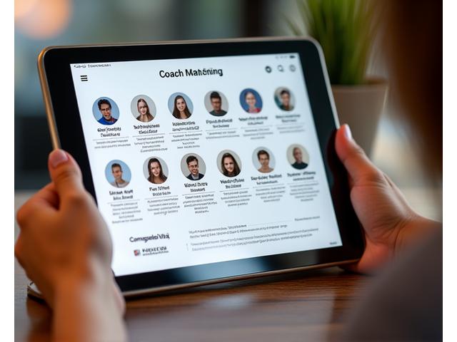 Διαδραστική διεπαφή αντιστοίχισης coach σε tablet, απεικονίζοντας φιλτραρισμένα προφίλ coaches και ένα quiz συμβατότητας.