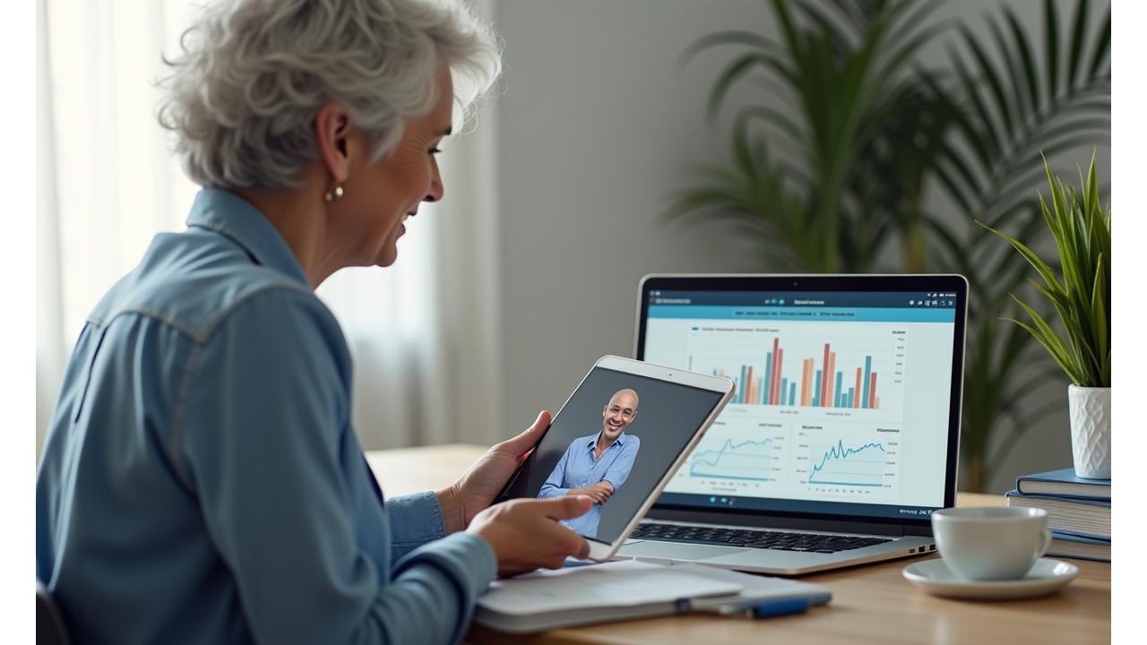 Διαδραστική επίδειξη πλατφόρμας virtual coaching με live session, απεικονίζοντας έναν coach να καθοδηγεί έναν χρήστη μέσω βιντεοκλήσης σε ένα tablet και έναν υπολογιστή.