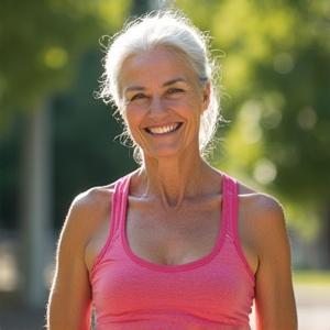 Γυναίκα, Ελένη, 60 ετών, με ζωντανό πρόσωπο, δείχνει ευχαριστημένη με την βελτιωμένη της φυσική κατάσταση.